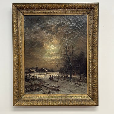 Original Antique German Oil Painting, Moody Winter Landscape by B. Kreutzet 