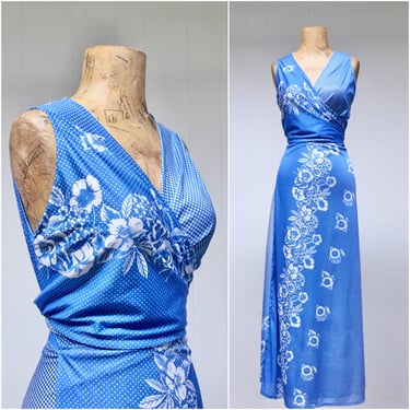 Vintage 1970s Boho Sleeveless Floral Wrap Top and Maxi Skirt Set, Blue and White Summer Separates, 70s Resort Wear, Medium 