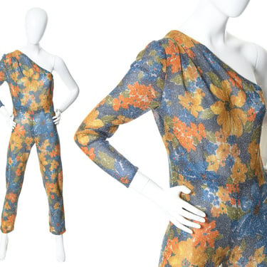 Vintage 1970s Jumpsuit | 70s Metallic Sparkly Floral Jersey One Shoulder Single Sleeve Blue Slim Fit Disco Catsuit (small/medium) 