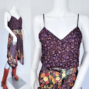 Autumnal 1970's Purple Floral Print Handkerchief Hem Dress I Sz Sm 