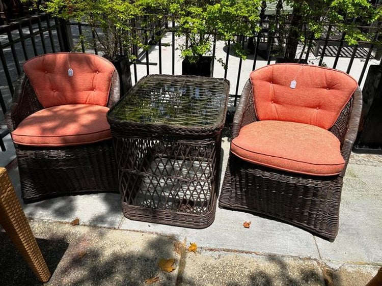 Comfy brown wicker chairs - brown wicker glass top table
Chairs 24.5” x 24” x 31” seat height 30”
Table 29” x 23” x 26”