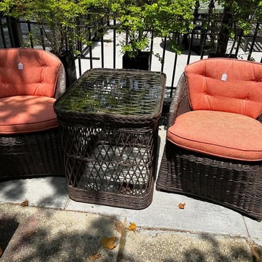 Comfy brown wicker chairs - brown wicker glass top table
Chairs 24.5” x 24” x 31” seat height 30”
Table 29” x 23” x 26”