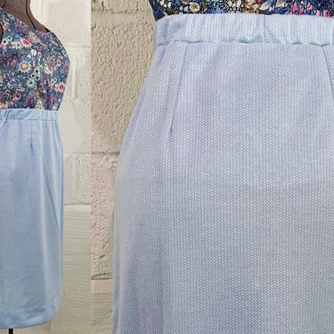 Vintage Baby Blue Skirt Herringbone Graff Nubby Schoolgirl Knee Length Boho Mod A-Line 1970s 70s Small 
