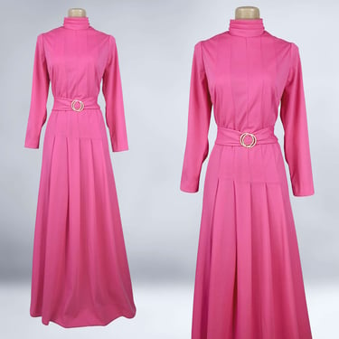 VINTAGE 70s Hot Pink Formal Maxi Dress By David Rawls, Norfolk | 1970s Long Pleated Hostess Gown | VFG 