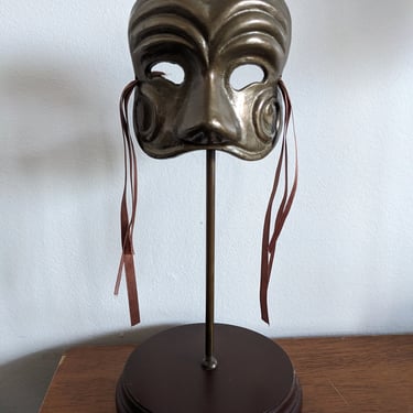Vintage Brass Theater Masquerade Mask on Stand 