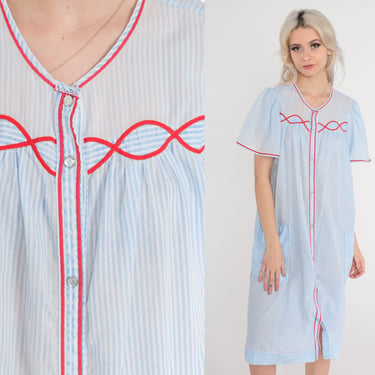 80s Lounge Dress Striped Baby Blue Pajama Puff Sleeve Loungewear Midi Boho Hippie Nightie Bohemian 1980s Button Up Vintage Red White Medium 