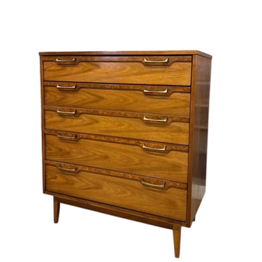 Free shipping within continental US - Vintage Mid Century Modern 4 Drawer Dresser with Burl Accents Dovetailed Drawers and Metal Handles 