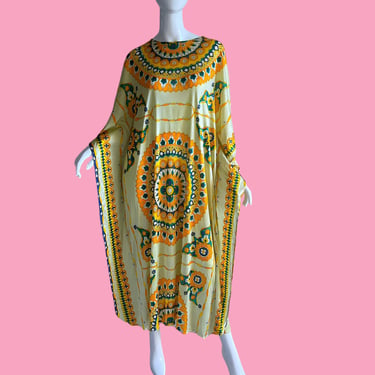1970s Vintage Psychedelic Dashiki Caftan, Kimono Floral Maxi Dress os 