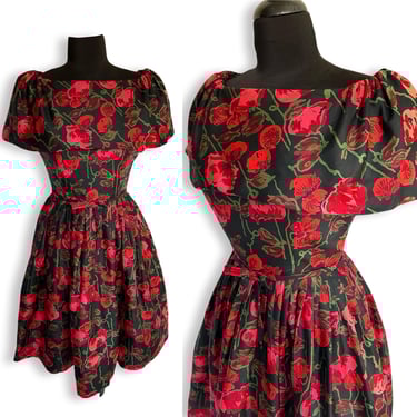 Vintage 1950's Red Rose Print Black Silk Party Dress - size Medium Small 