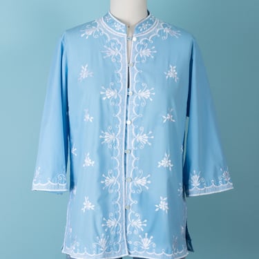 Beautiful 1970s Joycelyn's of California Embroidered Pale Blue Kaftan Top with 3/4 Bell Sleeves 