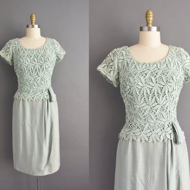 vintage 1950s Dress | Mint Green Embroidered Floral Short Sleeve Cocktail Party Pencil Skirt | Medium 