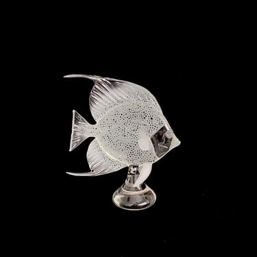 Vintage Art Glass Sculpture Figurine of Angelfish Fish by Robert Mickelsen Signed RAM 89 Clear & Frosted Finish on Footed Base 