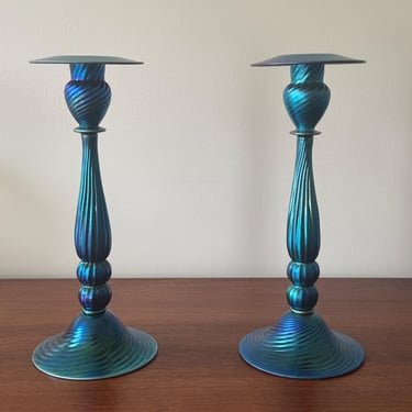 Carder Steuben Blue Aurene 12” Candlesticks - A Pair 