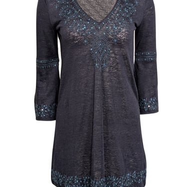 Calypso - Navy Linen Tunic w/ Teal Embroidery &amp; Sequins Sz XS