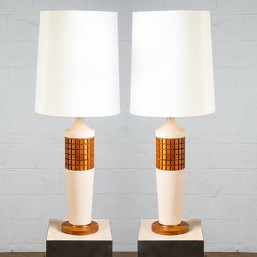 Mid Century Modern Lamp Set Walnut Ceramic Wood Pair Tall Table Vintage Light 2