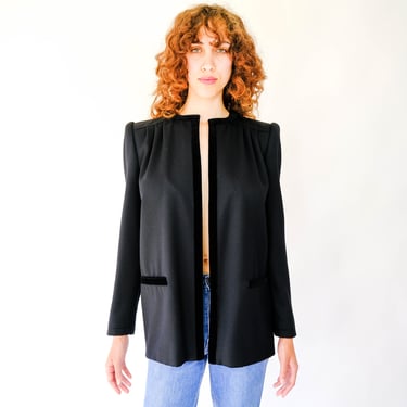 Vintage 80s Valentino Black Wool Gabardine Broad Shoulder Open Jacket w/ Velvet Trim | Made in Italy | 100% Wool | 1980s Designer Blazer 
