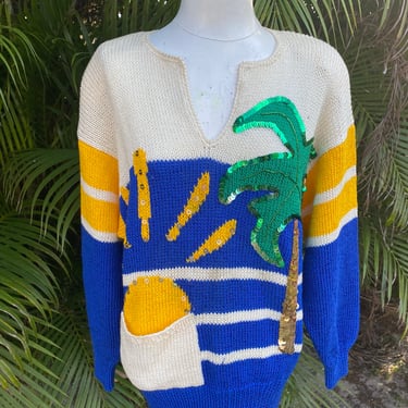 Vintage Sweater with Sun Palm Tree Beaded and Sequins Pullover m/l 