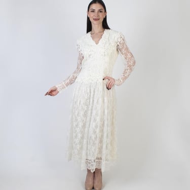 Off White Jessica McClintock Dress, Lace Gunne Sax Gown, Romantic Deco Style 