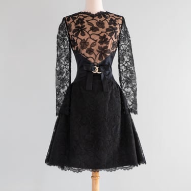 Glamorous 1960's Patullo Jo-Copeland Black Silk & Lace Cocktail Dress / Med.