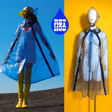 DEADSTOCK ICONIC Vintage 60s 70s Clear Blue Dots Vinyl Rain Poncho with Matching Head Scarf 
