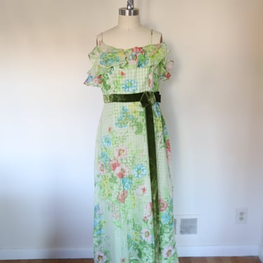 1960s Vintage Plaid/Floral Ruffle Bow Gown