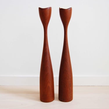 Pair of Danish Modern Teak Tulip Shaped Tapered Candlestick Holders Made in Denmark 