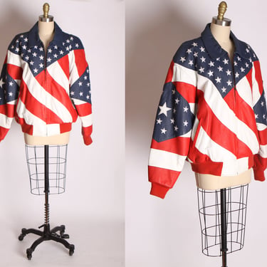 1990s Novelty Red White and Blue American Flag Leather Jacket Coat by Michael Hoban- M and 2XL 