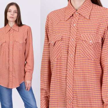 70s Plaid Flannel Western Pearl Snap Shirt - Men's Medium, Women's Large | Vintage Button Up Long Sleeve Collared Trop 