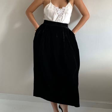 80s velvet skirt / vintage black silk velvet full pleated skirt / velvet midi skirt | Medium 28 Waist 