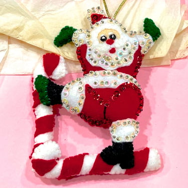 VINTAGE: Felt Beaded Sequin Santa Ornament - Pillow Ornament - Christmas - Holidays - Pillow Ornament 