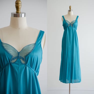 butterfly nightgown 70s vintage Undercover Wear teal blue green floor length nightgown 