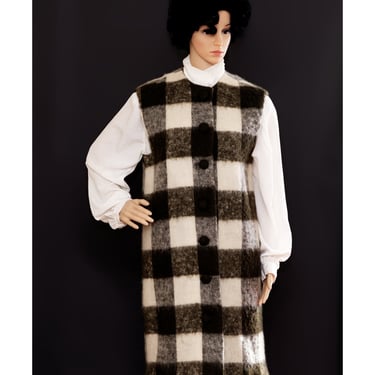 Vintage 1960s Wool Dress | Checked Olive and Cream Buffalo Plaid | Large | 8 