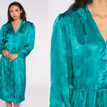 Shiny Turquoise Dress 80s Shirtdress Puff Sleeve Dress Secretary Midi Button Up 1980s Vintage Embossed Geometric Shirtwaist Medium Large 
