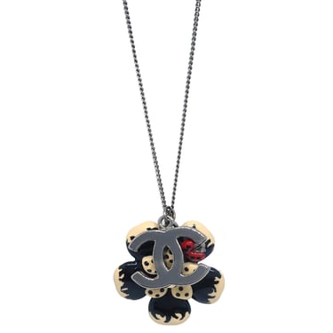 Chanel CC Flower Ladybug Chain Necklace Pendant Silver Black 06P