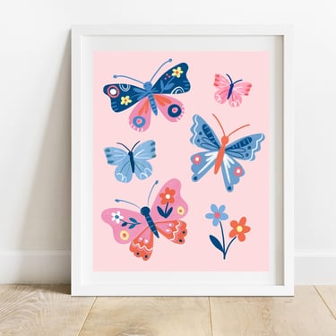 Patterned Butterflies Art Print/ 8X10 Pink and Blue Butterfly Illustration/ Kids Room Decor/ Whimsical Nursery Wall Art 