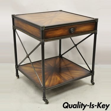 Decorator Iron and Wood X-Frame One Drawer Square Modern Side Table