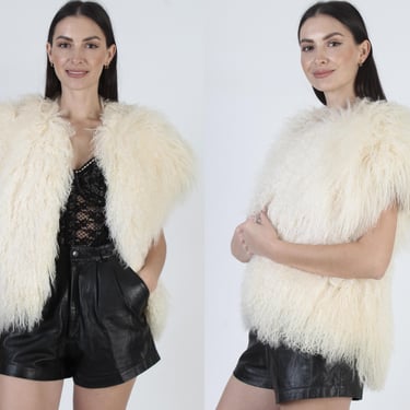 Shaggy Mongolian Lamb Vest, Real Tibetan Sheep Fur, Cream Persian Curly Jacket, Boho Festival Style 