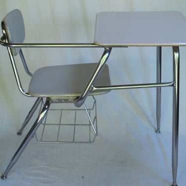 Old School Desk Industrial Metal School Chair Desk Combo Art Deco 50's Gray Vintage Desk Chairs Chrome Stainless Hey Woodite 