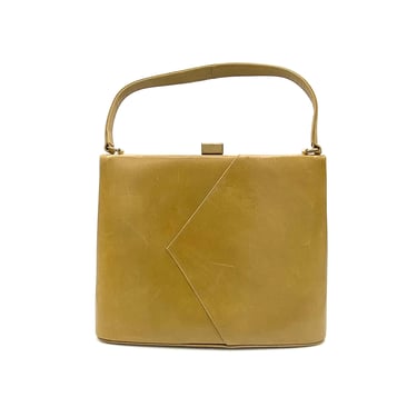 Vintage 1950s Khaki Leather Handbag, Mid-Century Top Handle Purse, Genuine Calfskin Bag by Leon 