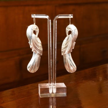 Eclectic Sterling Silver Parrot Dangle Earrings, Long Silver Earrings, Valentines Day Gift, 3.5