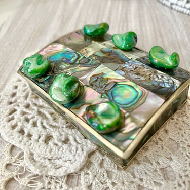 Inlaid Abalone Trinket Box, Inlay Shell, Iridescent, Natural Stones, MOP, Jewelry Box, Collectible, Vintage Decor 