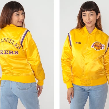 LA Lakers Jacket 80s Yellow Satin Bomber Jacket Basketball Windbreaker NBA Snap Up Yvette Name Retro Sportswear Vintage 1980s Starter Small 