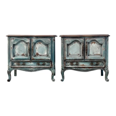 Louis XV Style Hand Painted Rustic French Provincial Nightstands - a Pair 
