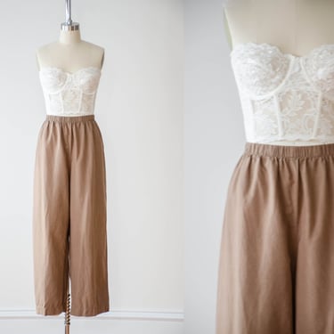 wide leg linen pants | 90s y2k plus size vintage high waisted brown elastic waist loose baggy pants 