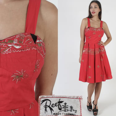 50s Reef Brand Hawaiian Dress, Bombshell Tiki Party Full Skirt, Vintage Sweetehart Rockabilly Knee Length 