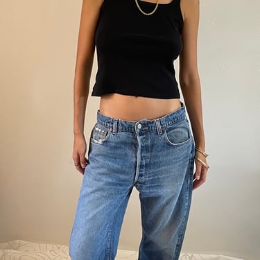 34 Levis 501 faded jeans / vintage baggy medium wash worn in high waisted button fly slouchy boyfriend Levis 501 502 tall jeans | Levis 34 