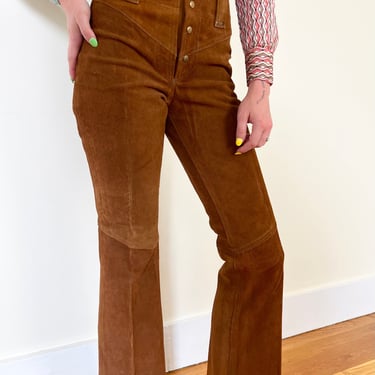 70’s Golden Thread Brown Suede Leather Fitted Bell Bottom Snap Front Pants