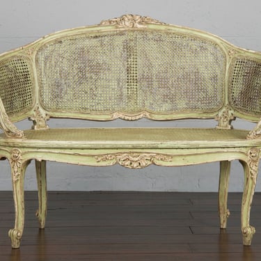 Antique French Louis XV Provincial Painted Green Carved Loveseat Cane Bench 