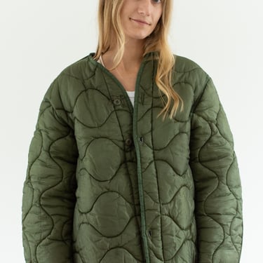 Vintage Green Liner Jacket | Unisex Wavy Quilted Nylon Coat | XL | LI294 