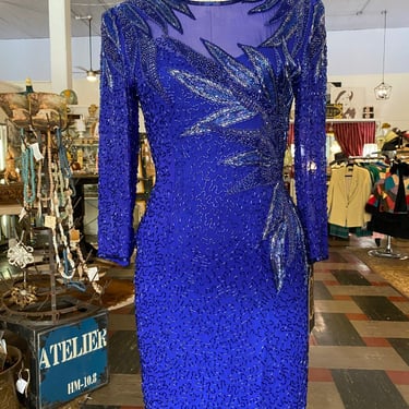 1980s beaded cocktail dress, cobalt blue silk, vintage formal, sheer chiffon, medium, hourglass, black tie, A J Bari, long sleeve 